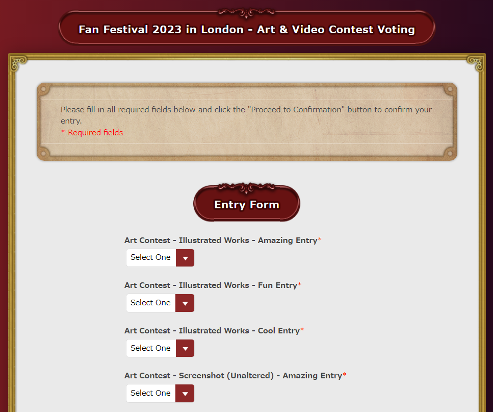 A screenshot of the London Fan Festival 2023 Art and Video Contest voting form. Users can select their favourite entries for each subcategory, which are amazing, cool and fun. All fields are required.